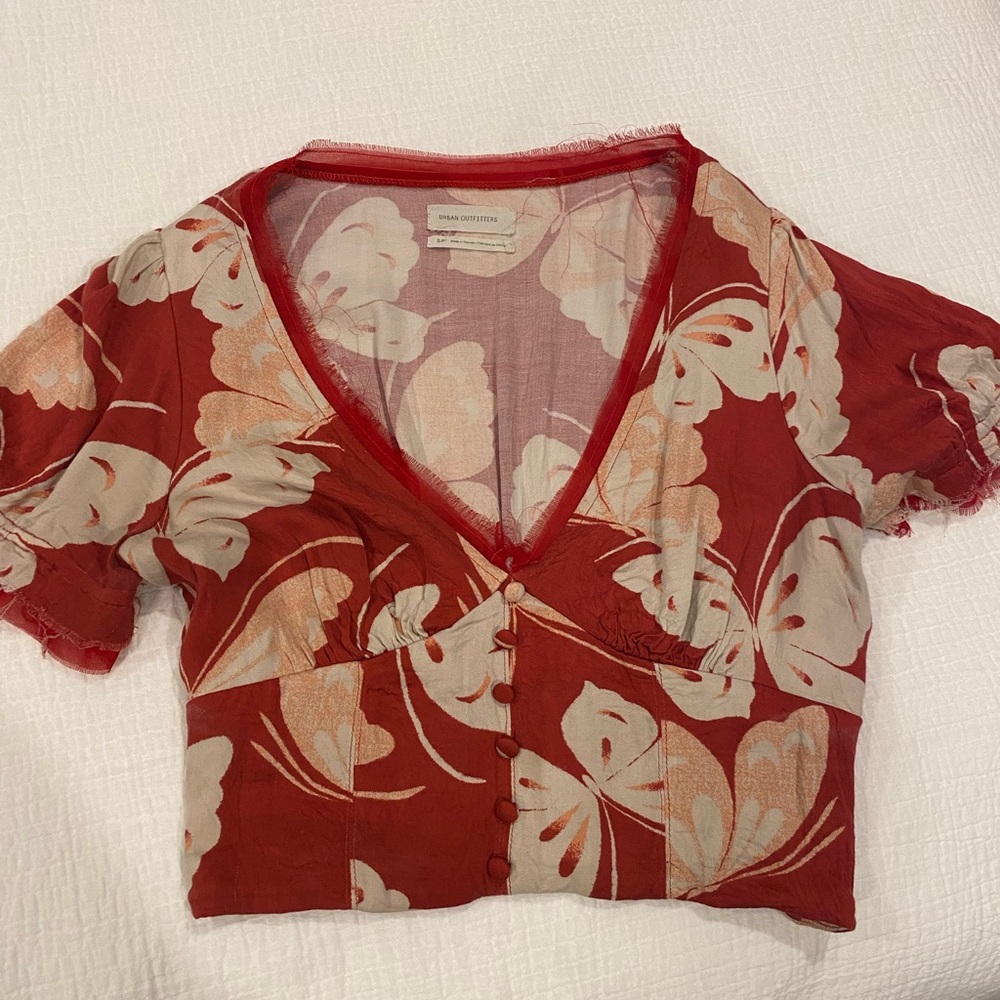 Urban Outfitters red butterfly frayed blouse